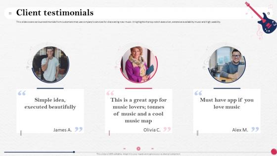 Client Testimonials Music Discovery App Investor Funding Elevator Pitch Deck