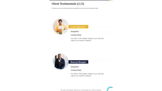 Client Testimonials Special Inspection Proposal One Pager Sample Example Document