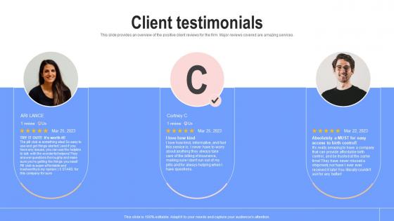 Client Testimonials The Pill Club Pre Seed Round Investor Funding Elevator Pitch Deck