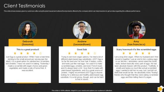 Client Testimonials Traditional Eggs Substitute Offering Organization Fundraising Pitch Deck
