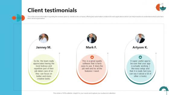 Client Testimonials Usetrace Investor Funding Elevator Pitch Deck