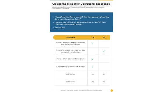 Closing The Project For Operational Excellence One Pager Sample Example Document