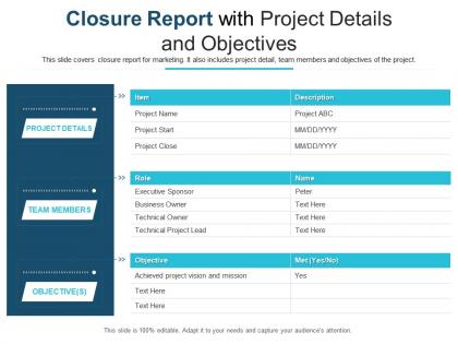 Closure report with project details and objectives
