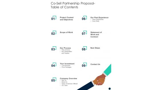 Co Sell Partnership Proposal Table Of Contents One Pager Sample Example Document