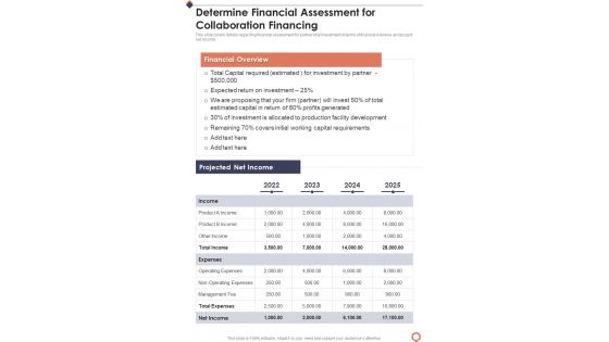 Collaboration Determine Financial Assessment For Collaboration One Pager Sample Example Document