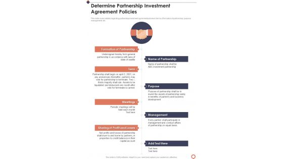 Collaboration Determine Partnership Investment Agreement Policies One Pager Sample Example Document