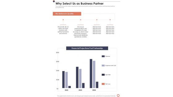 Collaboration Financing Proposal Why Select Us As Business Partner One Pager Sample Example Document