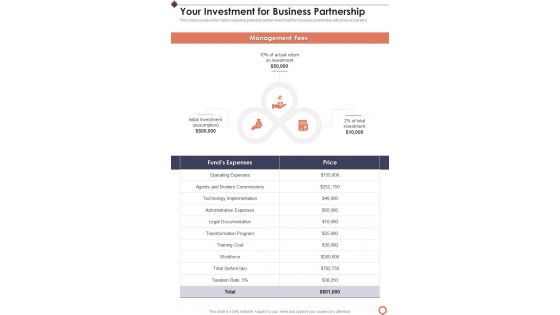 Collaboration Financing Proposal Your Investment For Business Partnership One Pager Sample Example Document