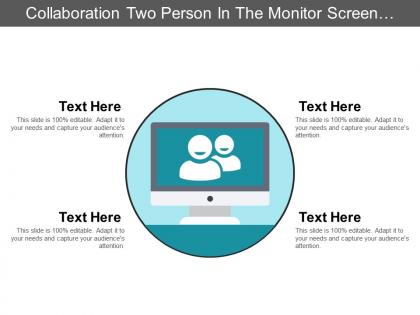 Collaboration two person in the monitor screen icon ppt slide