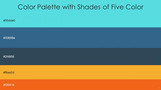 Color Palette With Five Shade Turquoise Blue Calypso Pickled Bluewood Sea Buckthorn Flamingo