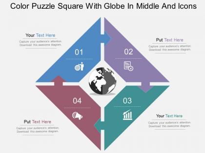 Color puzzle square with globe in middle and icons flat powerpoint design