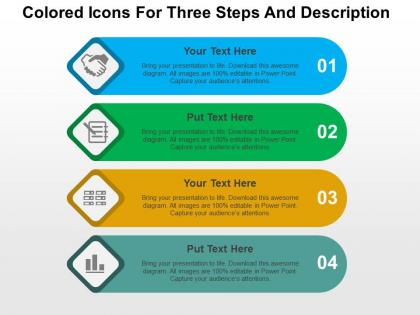 Colored icons for three steps and description flat powerpoint design