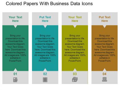 Colored papers with business data icons flat powerpoint design flat powerpoint design