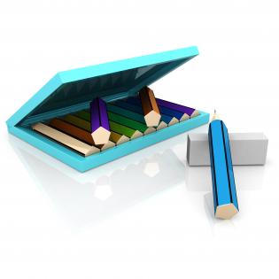 Colored pencils inside the box with eraser stock photo