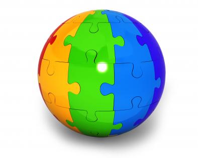Colored puzzle sphere on white background stock photo76
