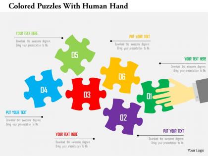 Colored puzzles with human hand flat powerpoint design
