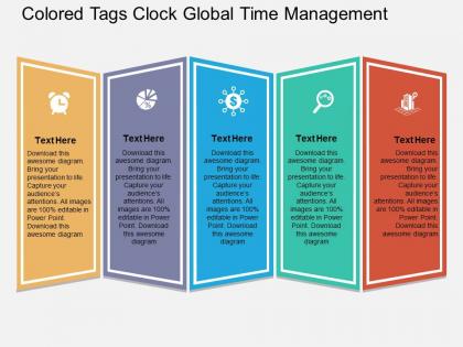 Colored tags clock global time management flat powerpoint design