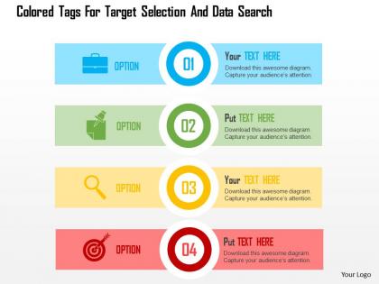 Colored tags for target selection and data search flat powerpoint design