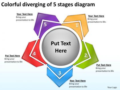 Colorful diverging of 5 stages diagram arrows chart software powerpoint slides