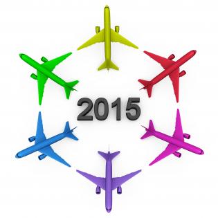 Colorful planes in circle with 2015 year text stock photo