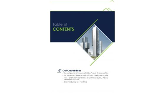 Commercial Building Property Table Of Contents One Pager Sample Example Document