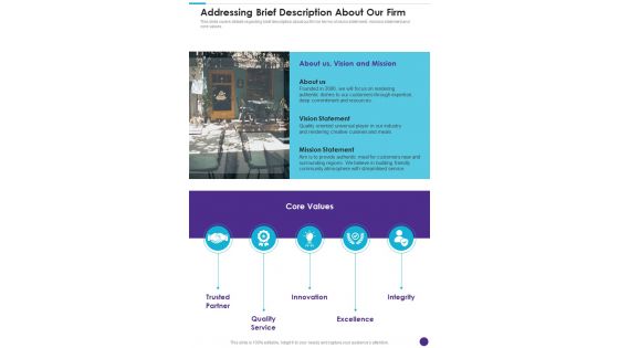 Commercial Eatery Addressing Brief Description About Our Firm One Pager Sample Example Document