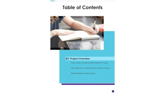 Commercial Eatery Investment Proposal Table Of Contents One Pager Sample Example Document