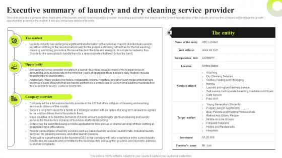 Commercial Laundry Business Plan Executive Summary Of Laundry And Dry Cleaning Service BP SS