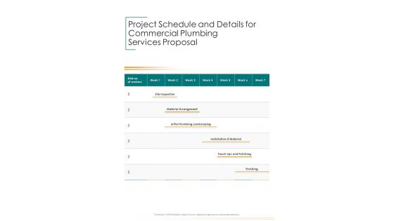 Commercial Plumbing Services Project Schedule And Details Proposal One Pager Sample Example Document