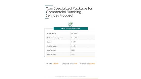 Commercial Plumbing Services Your Specialized Package Proposal One Pager Sample Example Document