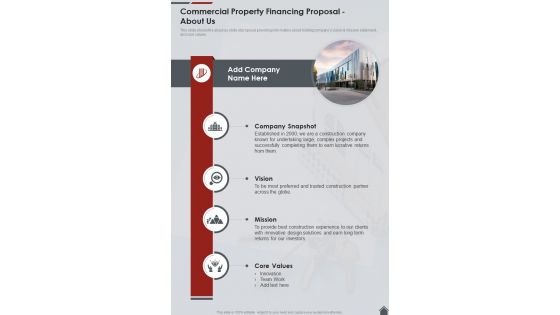 Commercial Property Financing Proposal About Us One Pager Sample Example Document