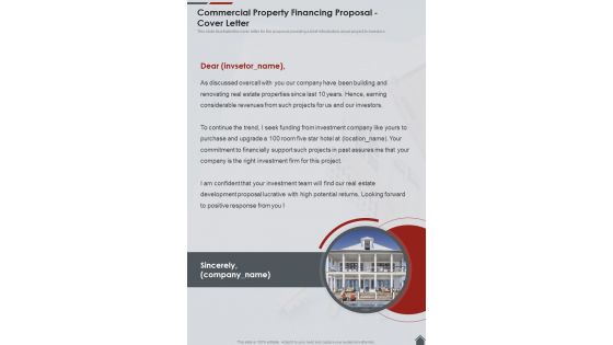 Commercial Property Financing Proposal Cover Letter One Pager Sample Example Document