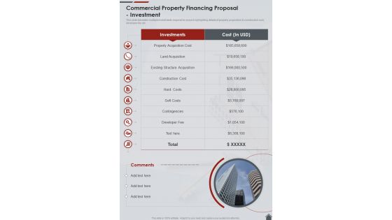 Commercial Property Financing Proposal Investment One Pager Sample Example Document