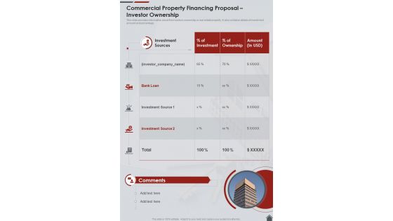 Commercial Property Financing Proposal Investor Ownership One Pager Sample Example Document