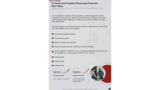 Commercial Property Financing Proposal Next Steps One Pager Sample Example Document