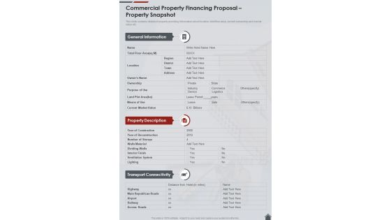 Commercial Property Financing Proposal Property Snapshot One Pager Sample Example Document