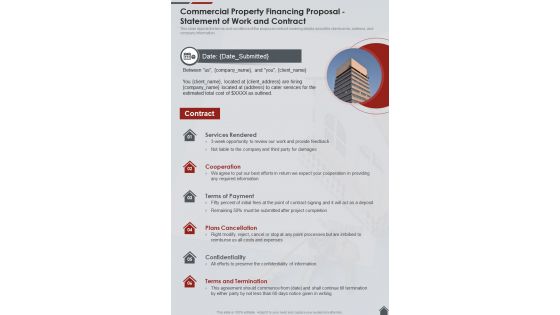 Commercial Property Financing Proposal Statement Of Work And Contract One Pager Sample Example Document