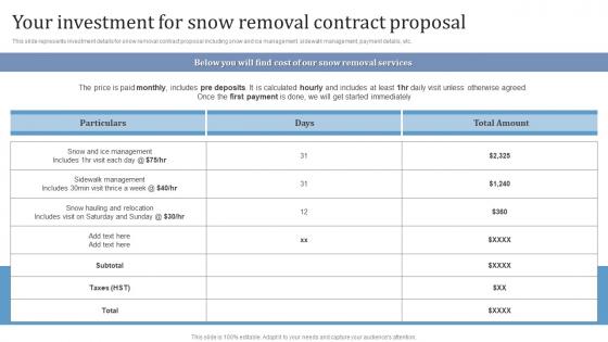 Commercial Snow Removal Services Your Investment For Snow Removal Contract Proposal Ppt Template