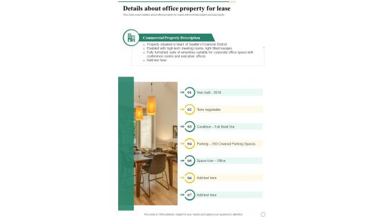 Commercial Space Rent Details About Office Property For Lease One Pager Sample Example Document