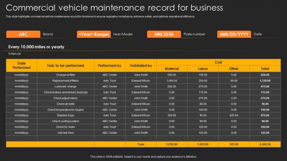 Commercial Vehicle Maintenance Record For Business