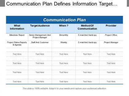 Communication plan defines information target audience method and provider