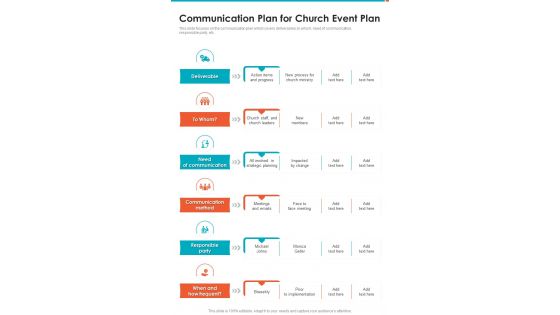 Communication Plan For Church Event Plan One Pager Sample Example Document