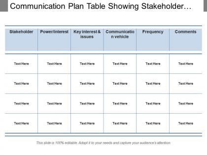 Communication plan table showing stakeholder interest issues and comments