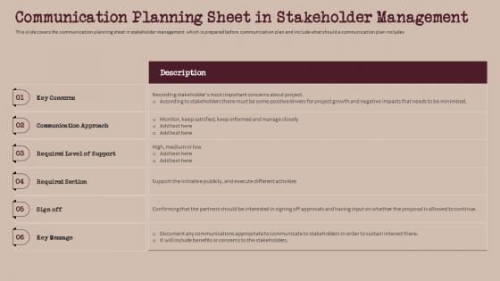 Communication Planning Sheet In Stakeholder Management Build And Maintain Relationship