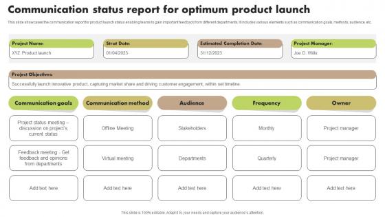 Communication Status Report For Optimum Product Launch