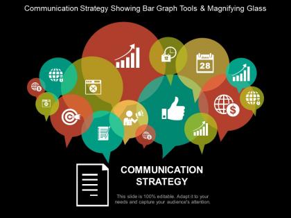 Communication strategy showing bar graph tools and magnifying glass