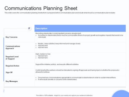 Communications planning sheet stakeholders engagement plan ppt sample