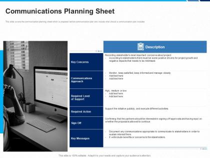 Communications planning sheet stakeholders project engagement and involvement process ppt model