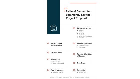 Community Service Project Proposal Table Of Content One Pager Sample Example Document