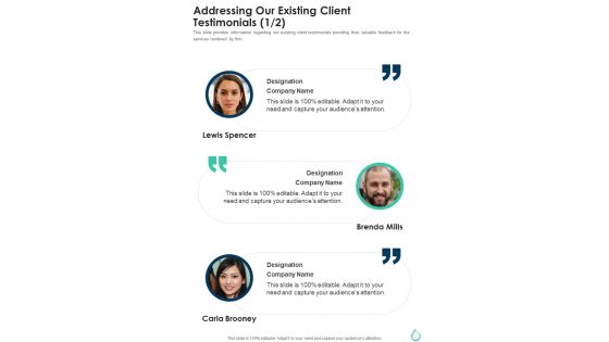 Community Water Addressing Our Existing Client Testimonials One Pager Sample Example Document